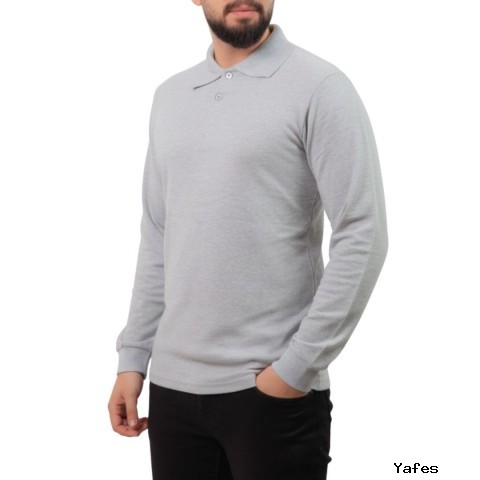 Polo Yaka Uzun Kol T-shirt Gri - Toptan Basic