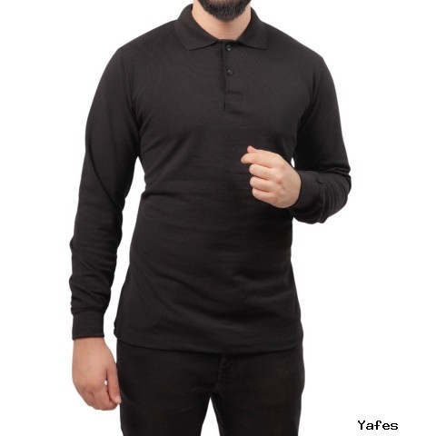 Polo Yaka Uzun Kol T-shirt Siyah - Toptan Basic