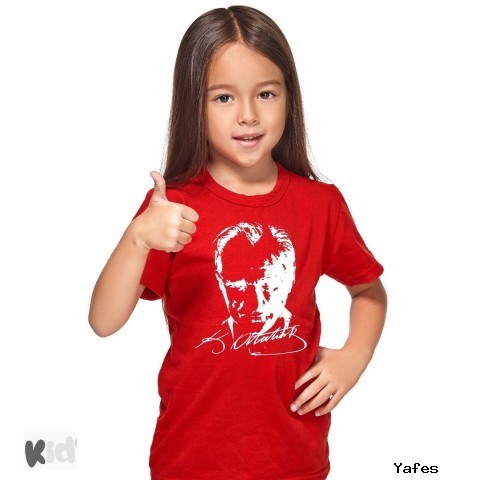 Sıfır Yaka T-shirt - Toptan Çocuk Atatürk Baskılı -Kırmızı
