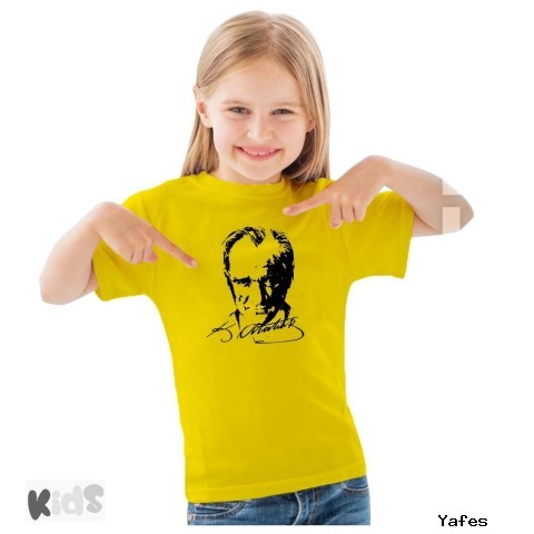 Sıfır Yaka T-shirt - Toptan Çocuk Atatürk Baskılı -Sarı