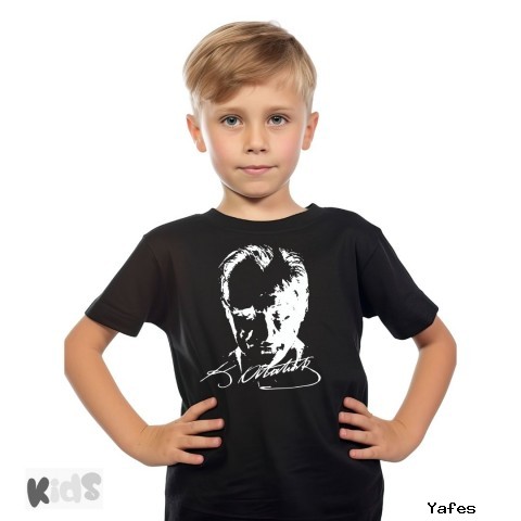 Sıfır Yaka T-shirt - Toptan Çocuk Atatürk Baskılı - Siyah