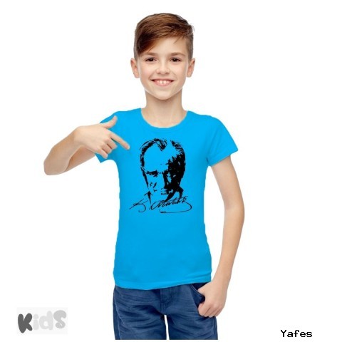 Sıfır Yaka T-shirt - Toptan Çocuk Atatürk Baskılı -Turkuaz