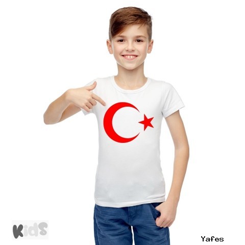 Sıfır Yaka T-shirt - Toptan Çocuk  Türk Bayrağı Baskılı -Beyaz