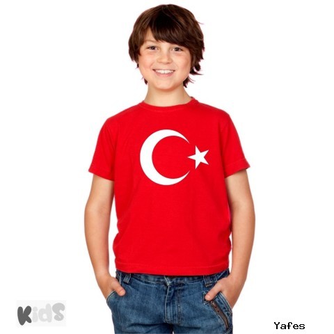 Sıfır Yaka T-shirt - Toptan Çocuk Türk Bayrağı Baskılı -Kırmızı