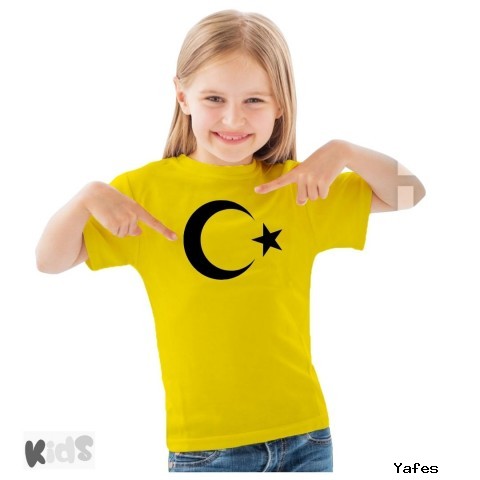 Sıfır Yaka T-shirt - Toptan Çocuk Türk Bayrağı Baskılı - Sarı