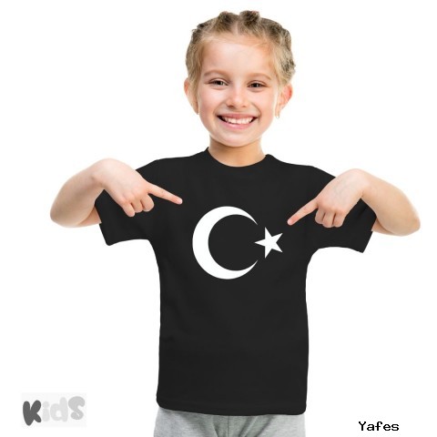Sıfır Yaka T-shirt -  Toptan Çocuk Türk Bayrağı Baskılı - Siyah